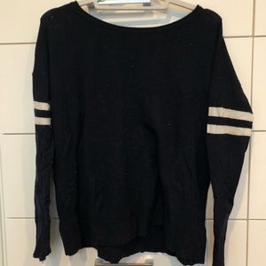 Navy scoop neck sweater with varsity stripes